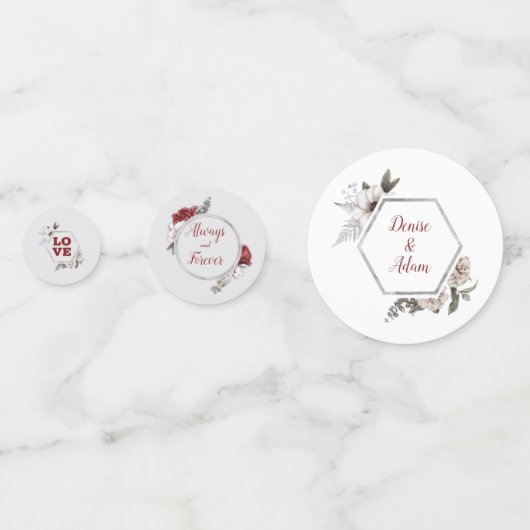 Bourgogne, Blush en White Roses Wedding Table Confetti (Achterkanten)