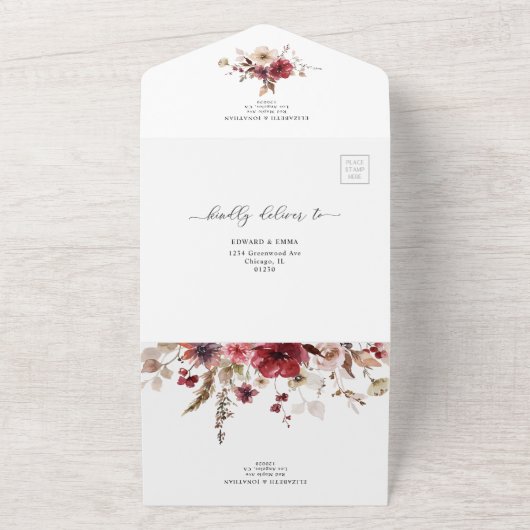 Bourgogne Blush Fall Wedding Details QR Code RSVP All In One Uitnodiging (Buitenkant)