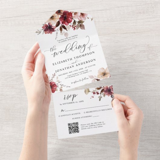 Bourgogne Blush Fall Wedding Details QR Code RSVP All In One Uitnodiging (Afscheurbaar)