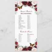 Bourgogne Blush Floral QUINCEAÑERA Gebeurtenissen Programmakaart (Achterkant)