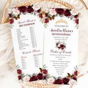 Bourgogne Blush Floral QUINCEAÑERA Gebeurtenissen Programmakaart