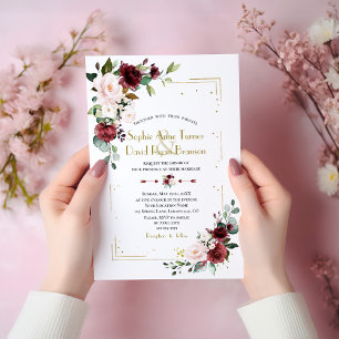 Bourgogne Blush Flowers Gold Glitter Weddenschap Kaart