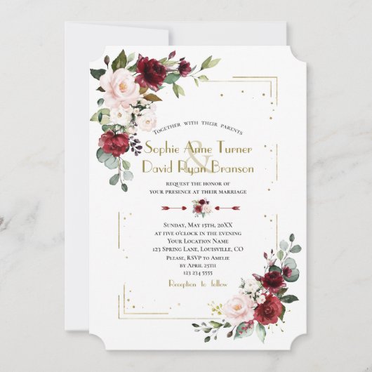 Bourgogne Blush Flowers Gold Glitter Weddenschap Kaart (Voorkant)