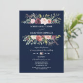 Bourgogne Blush Flowers Lijst Navy Blue Wedding Kaart (Staand voorkant)