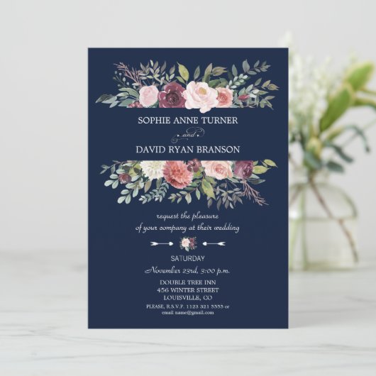 Bourgogne Blush Flowers Lijst Navy Blue Wedding Kaart (Staand voorkant)