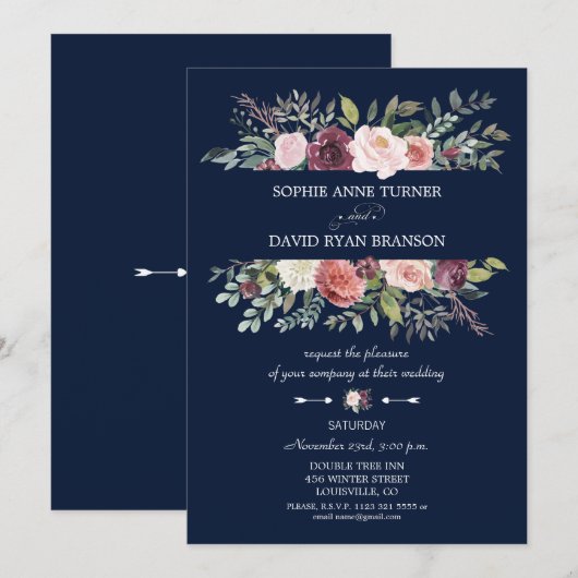 Bourgogne Blush Flowers Lijst Navy Blue Wedding Kaart (Voorkant / Achterkant)
