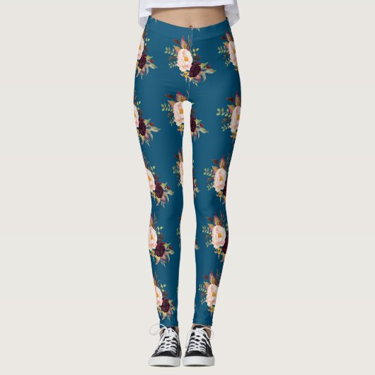 Bourgogne Blush Flowers Ocean Blue Pattern Leggings (Voorkant)