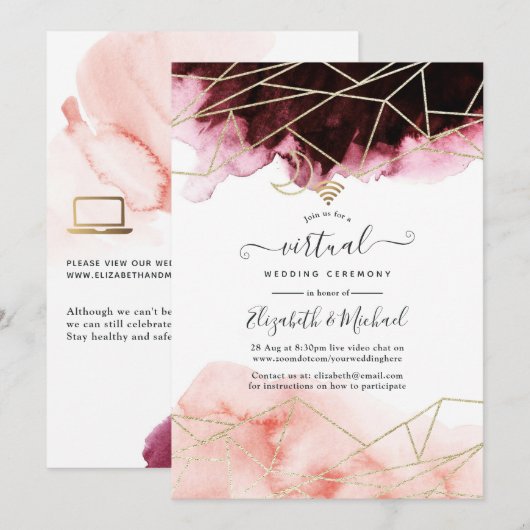 Bourgogne & Blush Geometric Online Virtual Weddens Kaart (Voorkant / Achterkant)