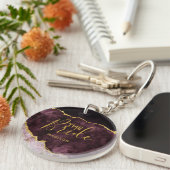 Bourgogne Blush & Gold Folie Agaat Marmer de bruid Sleutelhanger (Voorkant Rechts)