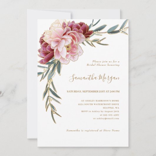 Bourgogne Blush Goud Bloemen Groen Vrijgezellenfee Kaart (Voorkant)