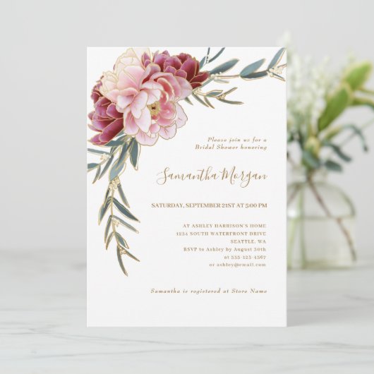 Bourgogne Blush Goud Bloemen Groen Vrijgezellenfee Kaart (Staand voorkant)