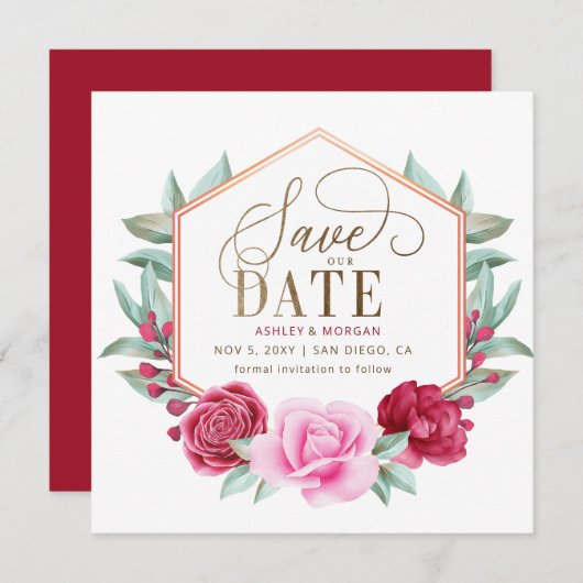 Bourgogne Blush Goud Bloemen Save the Date Aankondiging (Voorkant / Achterkant)