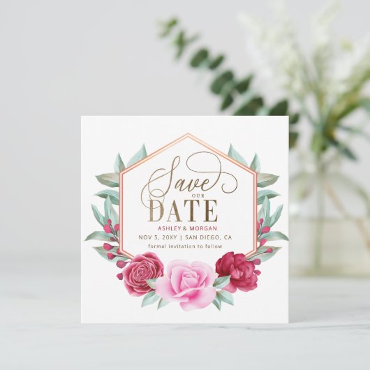 Bourgogne Blush Goud Bloemen Save the Date Aankondiging (Staand voorkant)