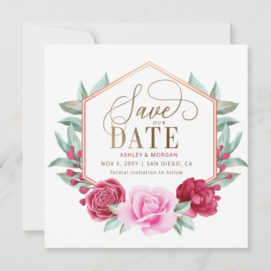 Bourgogne Blush Goud Bloemen Save the Date Aankondiging (Voorkant)