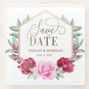 Bourgogne Blush Goud Bloemen Save the Date Glazen Onderzetter