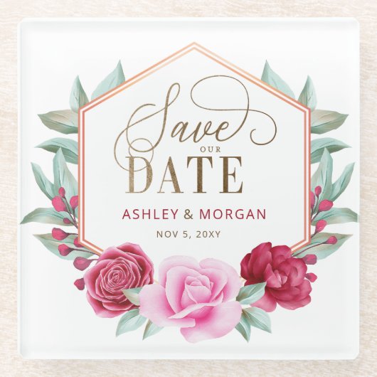 Bourgogne Blush Goud Bloemen Save the Date Glazen Onderzetter (Voorkant)