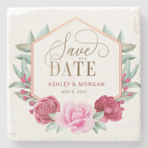Bourgogne Blush Goud Bloemen Save the Date Stenen Onderzetter