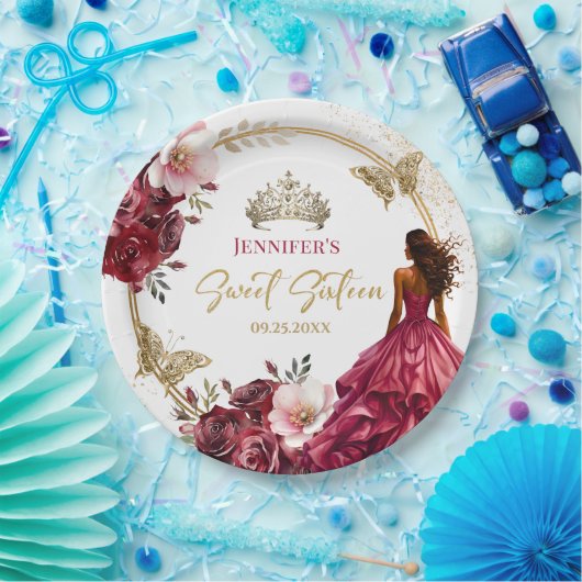 Bourgogne Blush Goud Prinses Bloemen Zoet 16 Papieren Bordje (Feest)