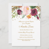 Bourgogne Blush Gouden Bloemen Glitter Doop Kaart (Voorkant)