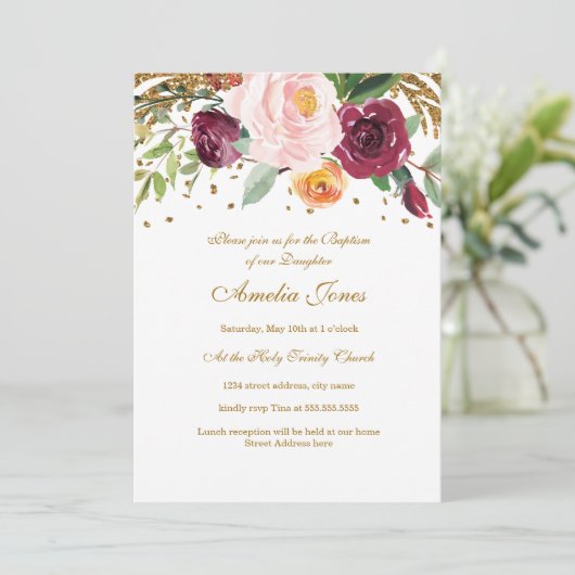 Bourgogne Blush Gouden Bloemen Glitter Doop Kaart (Staand voorkant)