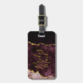 Bourgogne Blush Gouden Folie Agaat Marmer Bruidsme Bagagelabel (Voorkant verticaal)