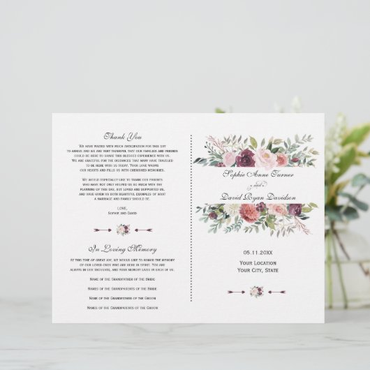 Bourgogne Blush Ivoor Bloemen Lijst Trouwprogramma (Staand voorkant)