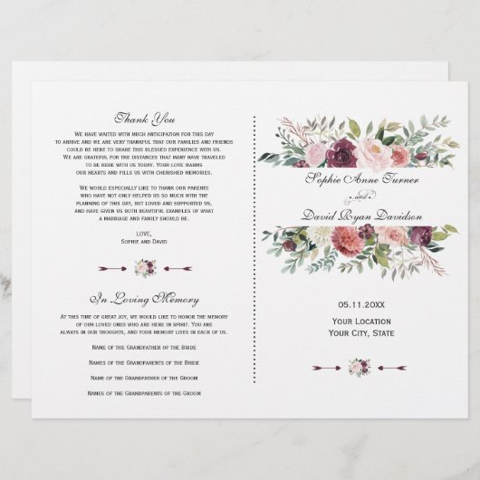 Bourgogne Blush Ivoor Bloemen Lijst Trouwprogramma (Voorkant / Achterkant)