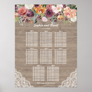 Bourgogne Blush Ivoor Lace Wood Zitplaatkaart Poster