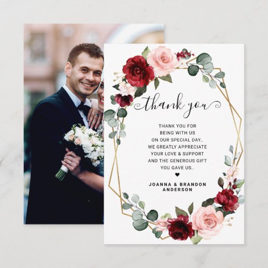 Bourgogne Blush Moderne Geometrische Foto Bedankkaart (Voorkant / Achterkant)