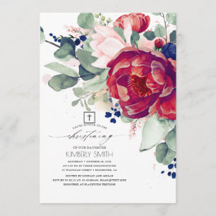 Bourgogne Blush Navy Blauw Bloemen doopsel Kaart