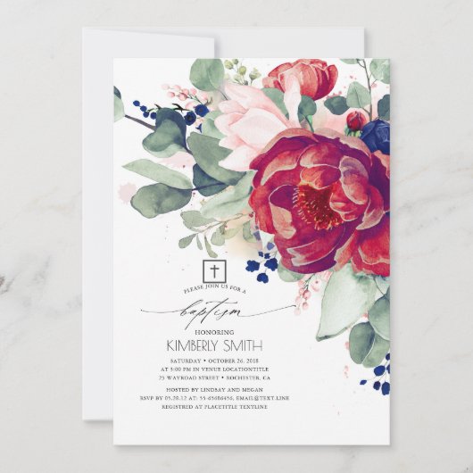 Bourgogne Blush Navy Blauw Bloemen Elegant Doop Kaart (Voorkant)