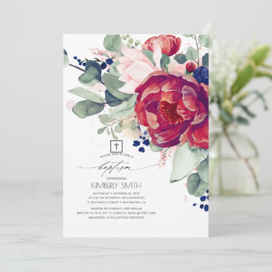 Bourgogne Blush Navy Blauw Bloemen Elegant Doop Kaart (Staand voorkant)