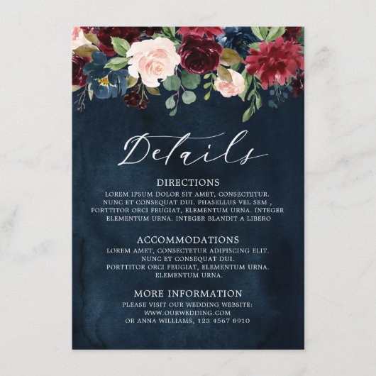 Bourgogne Blush Navy Blauw Botanische Bloemen Boho Informatiekaartje (Voorkant)