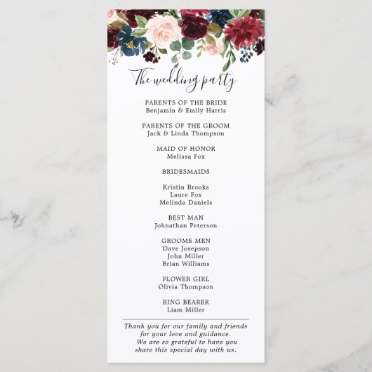 Bourgogne Blush Navy Blauw Botanische Bloemen Boho Programmakaart (Achterkant)