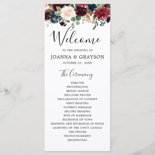 Bourgogne Blush Navy Blauw Botanische Bloemen Boho Programmakaart (Voorkant)