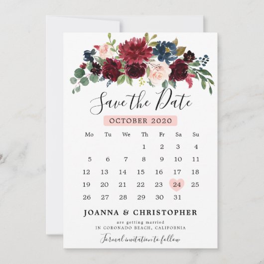 Bourgogne Blush Navy Blauw Botanische Bloemen Boho Save The Date (Voorkant)