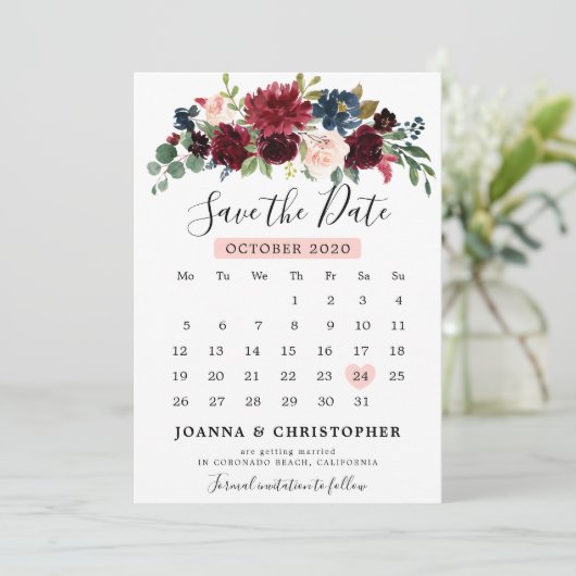 Bourgogne Blush Navy Blauw Botanische Bloemen Boho Save The Date (Staand voorkant)