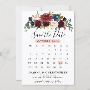 Bourgogne Blush Navy Blauw Botanische Bloemen Boho Save The Date