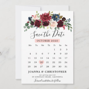 Bourgogne Blush Navy Blauw Botanische Bloemen Boho Save The Date