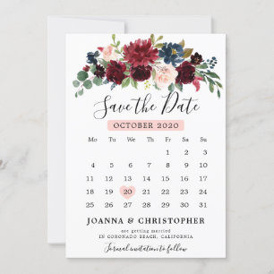 Bourgogne Blush Navy Blauw Botanische Bloemen Boho Save The Date