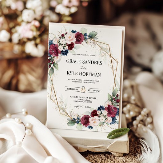 Bourgogne Blush Navy Blauwe Bloemen Geometrische b Kaart