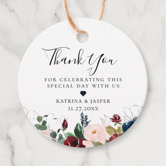 Bourgogne Blush Navy Bloemen Boeket Bruiloft Bedankjes Labels (Voorkant)