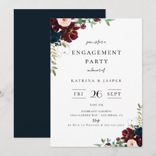 Bourgogne Blush Navy Bloemen Verlovingsfeest Kaart