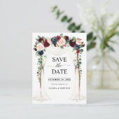Bourgogne Blush Navy Bloemenluifel Save the Date Briefkaart (Staand voorkant)