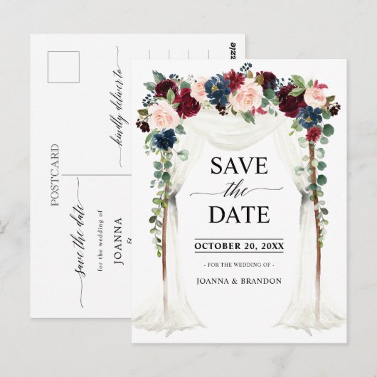 Bourgogne Blush Navy Bloemenluifel Save the Date Briefkaart (Voorkant / Achterkant)