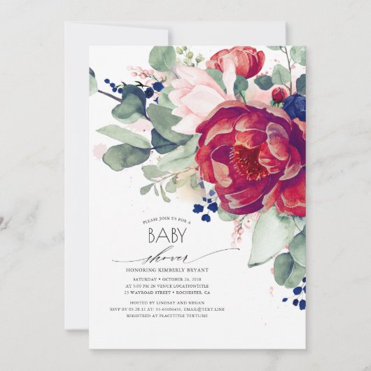 Bourgogne Blush Navy Blue Floral Baby shower Kaart (Voorkant)