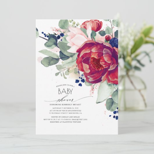 Bourgogne Blush Navy Blue Floral Baby shower Kaart (Staand voorkant)
