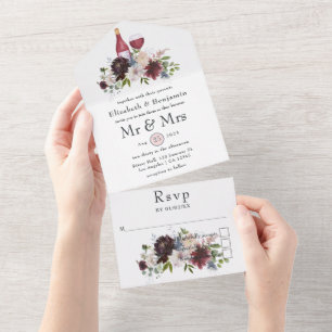 Bourgogne, Blush & Navy Floral Wine Tasting Wedden All In One Uitnodiging