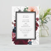 Bourgogne Blush Navy Herfst Bloemen Bruiloft Kaart (Staand voorkant)