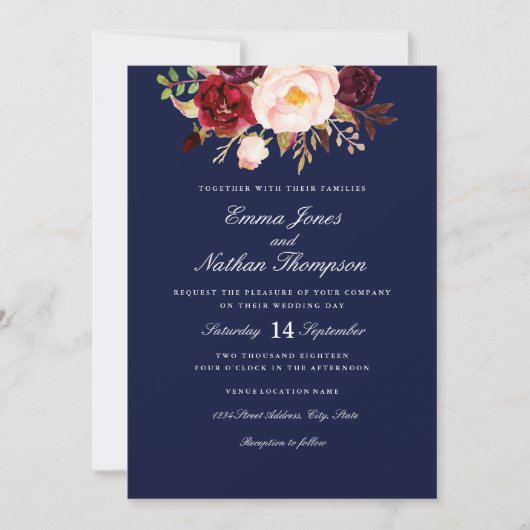 Bourgogne Blush Navy Waterverf Bloemen Bruiloft Kaart (Voorkant)